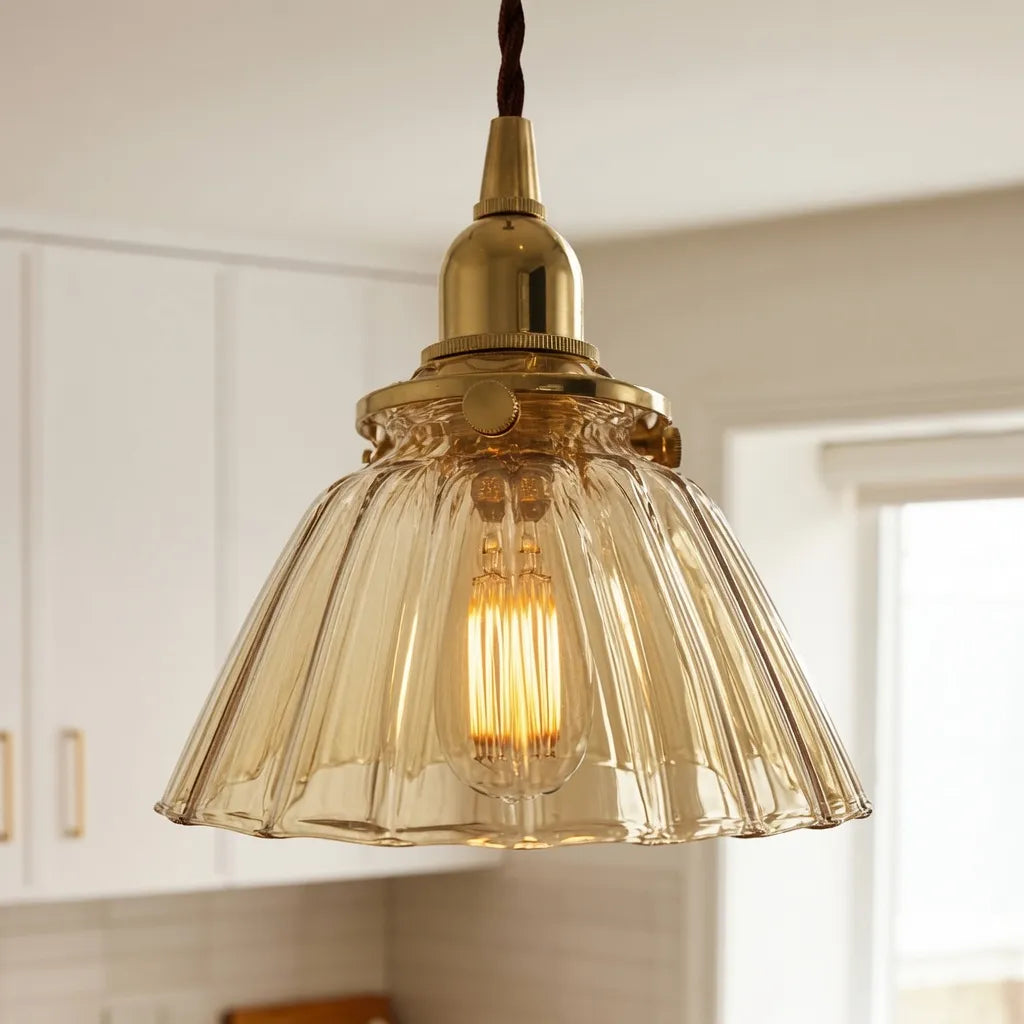 Pendant Light with Vintage Cone Shade and Pleated Glass Texture