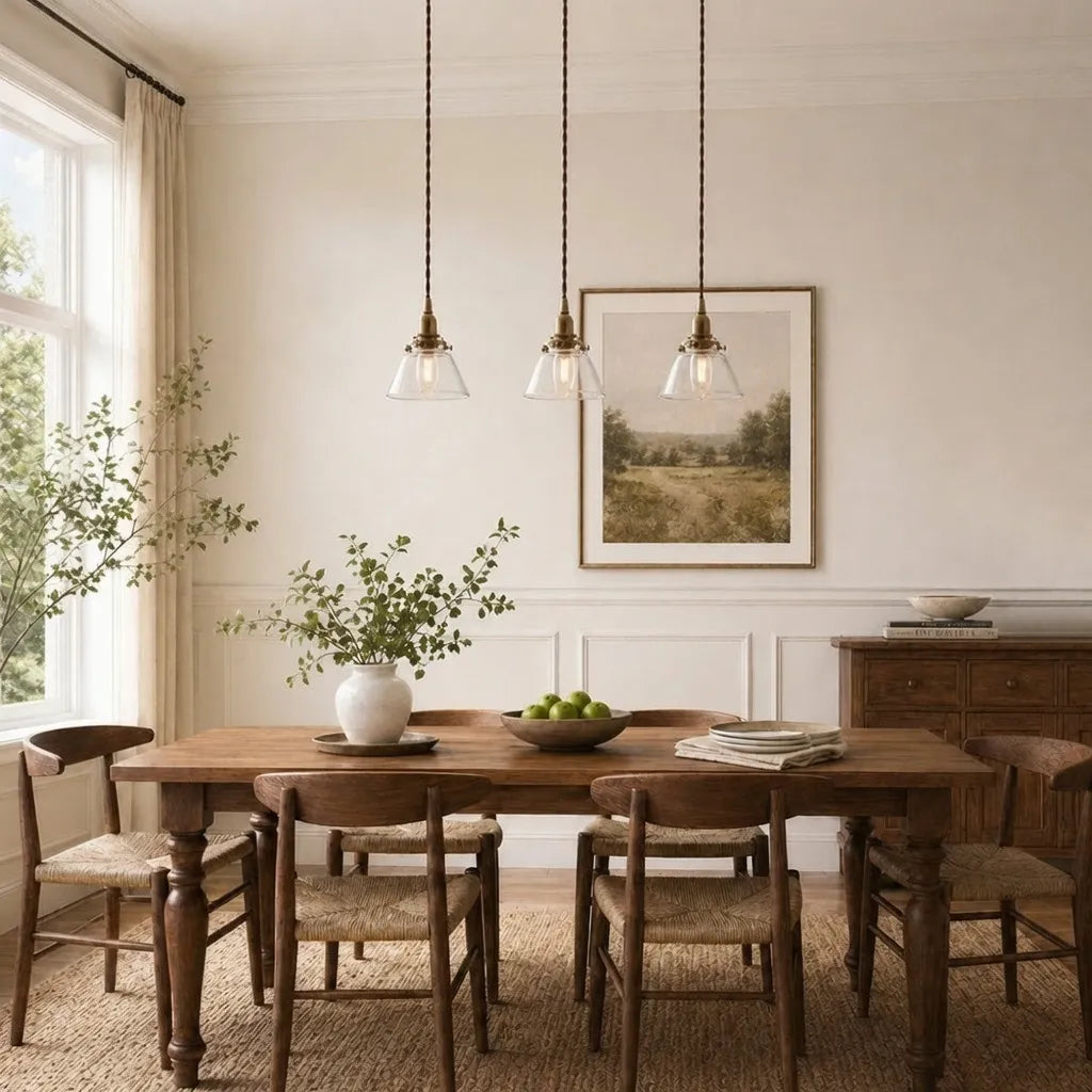 Pendant Light with Vintage Cone Shade and Pleated Glass Texture