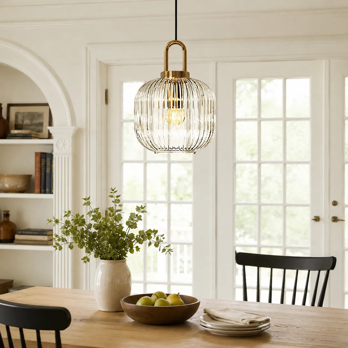 Ribbed Glass Brass Pendant Light Fixture for Kitchen Island Living Room