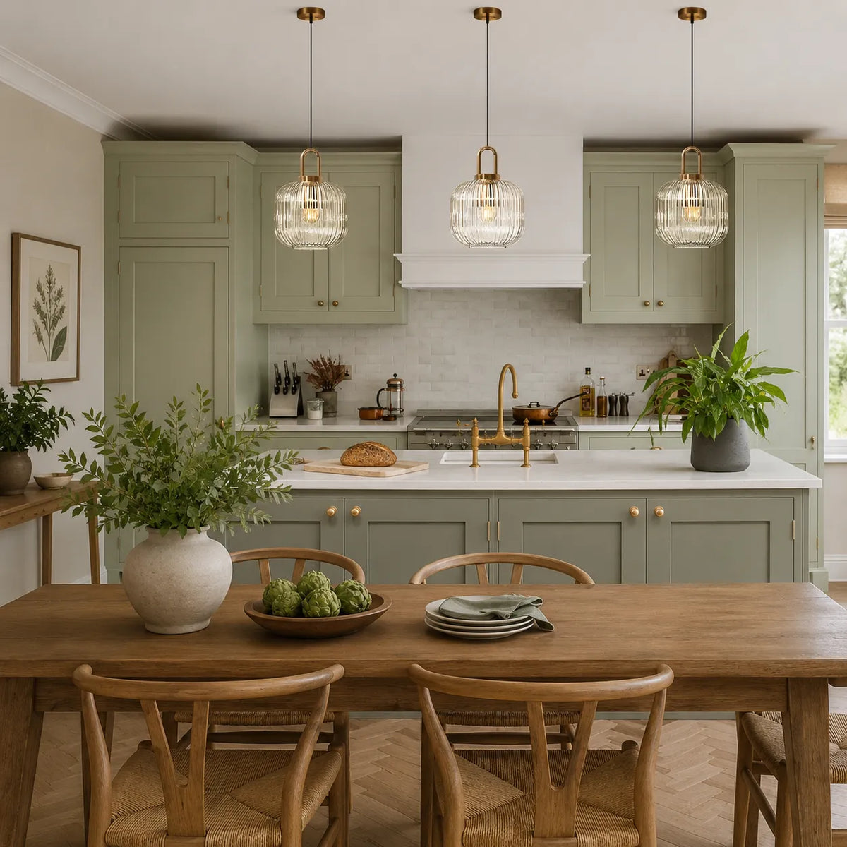 Ribbed Glass Brass Pendant Light Fixture for Kitchen Island Living Room