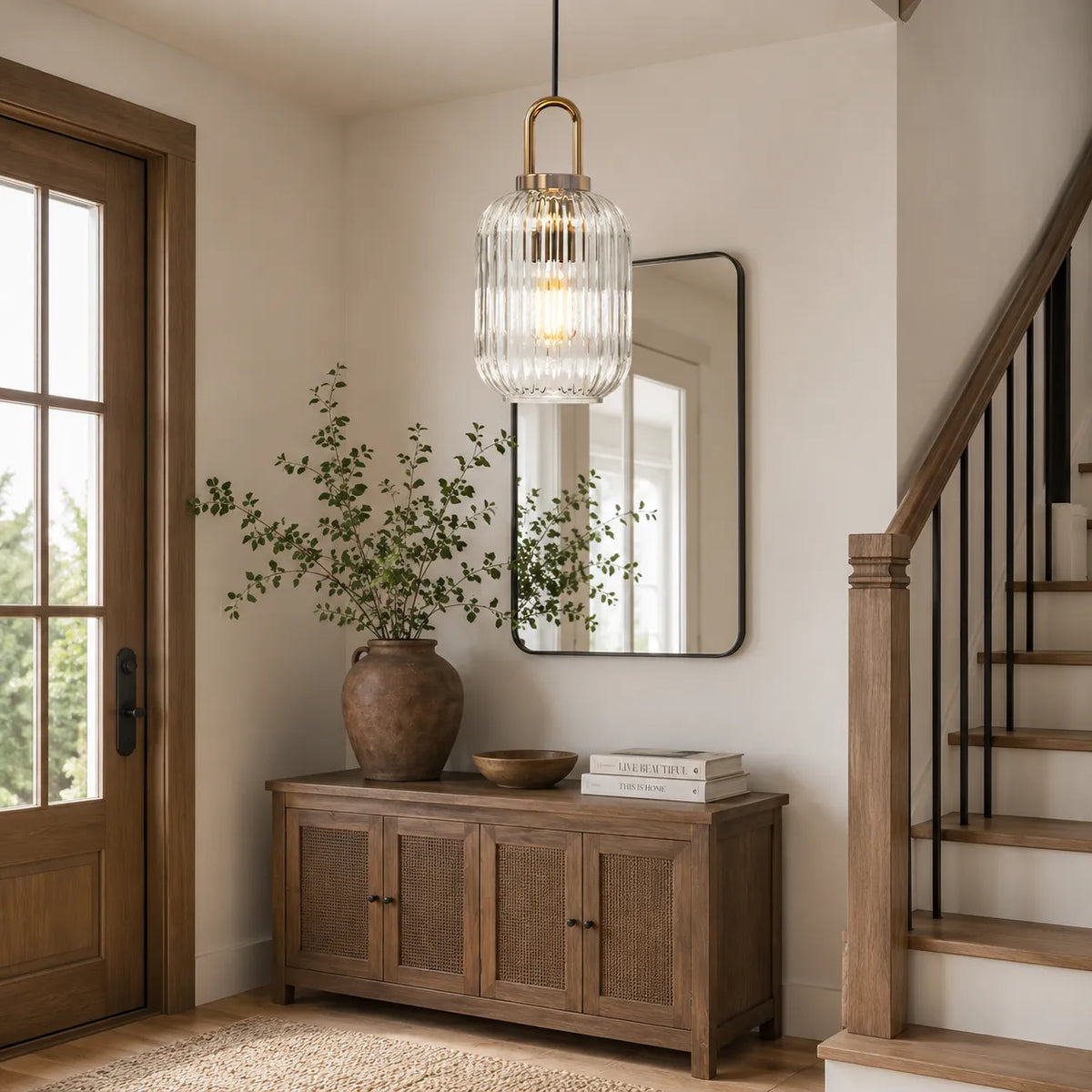 Ribbed Glass Brass Pendant Light Fixture for Kitchen Island Living Room