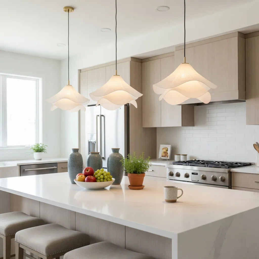 Pendant Light with Layered Fabric Wave Shade and Adjustable Suspension