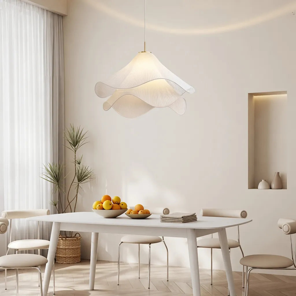 Pendant Light with Layered Fabric Wave Shade and Adjustable Suspension