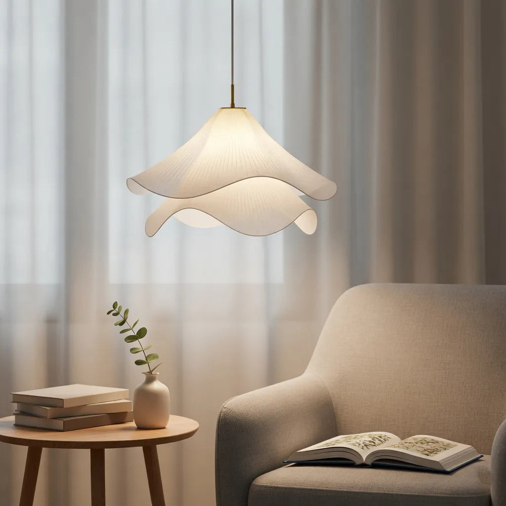Pendant Light with Layered Fabric Wave Shade and Adjustable Suspension