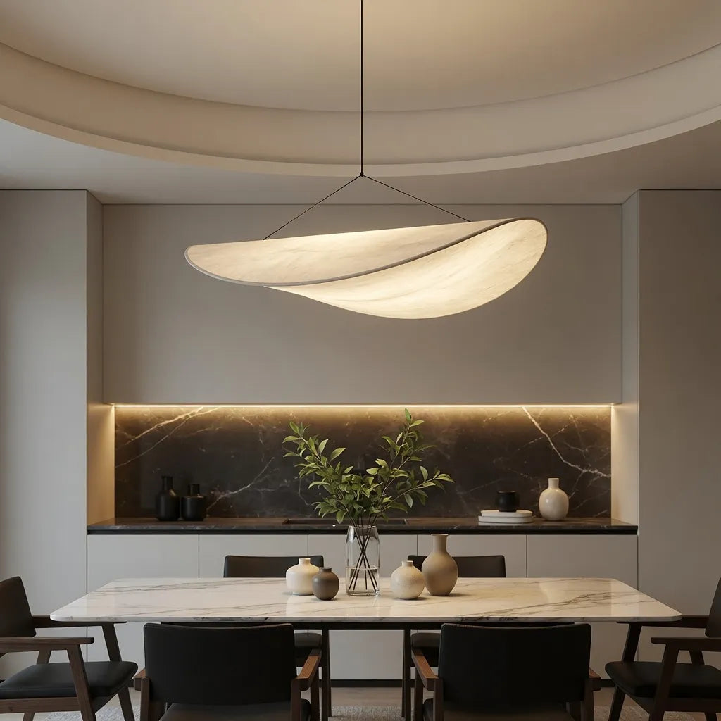 Pendelleuchte mit weichem Stoffschirm und skulpturalem, minimalistischem Design