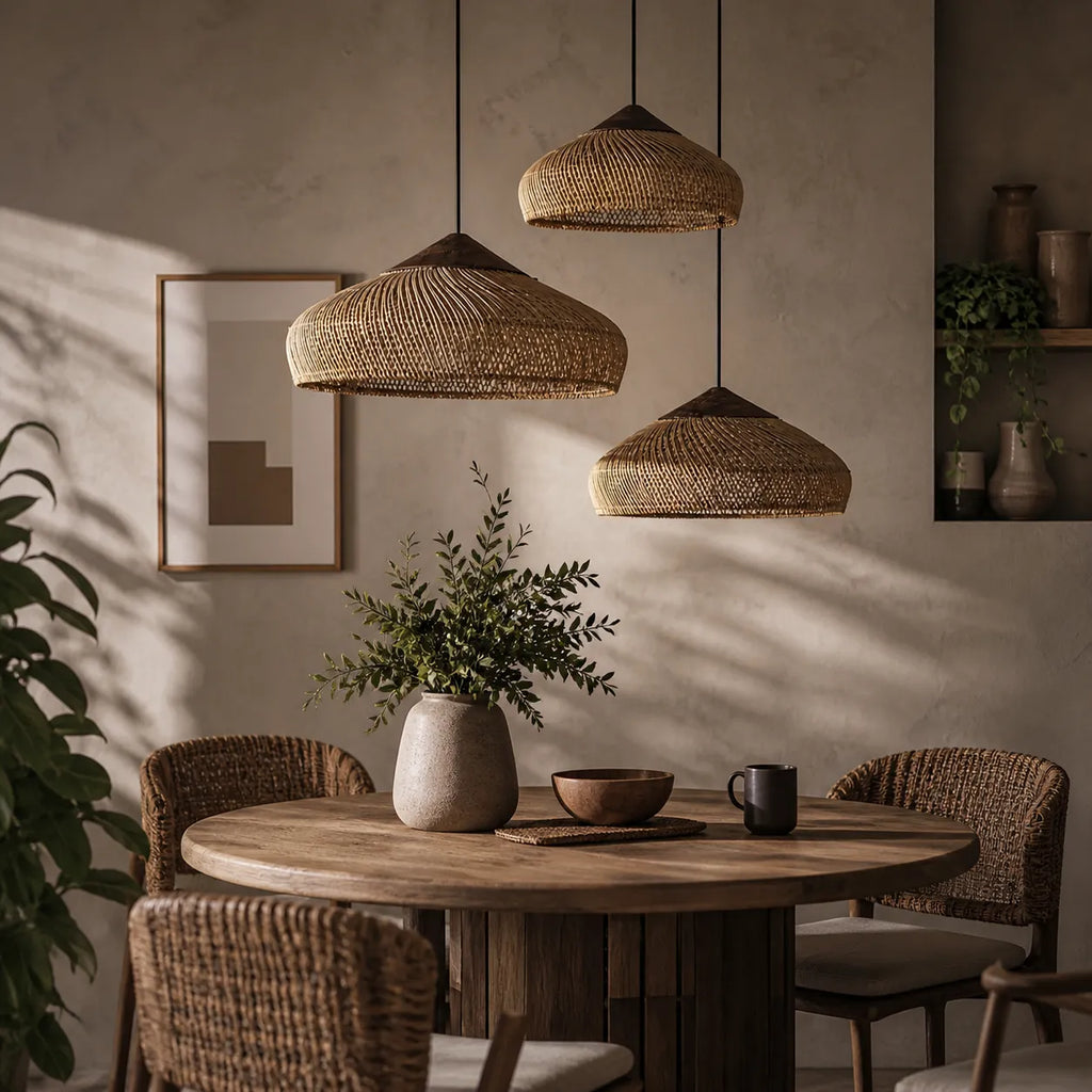 Pendelleuchte mit handgeflochtenem Kuppelschirm aus Rattan und spiralförmiger Struktur