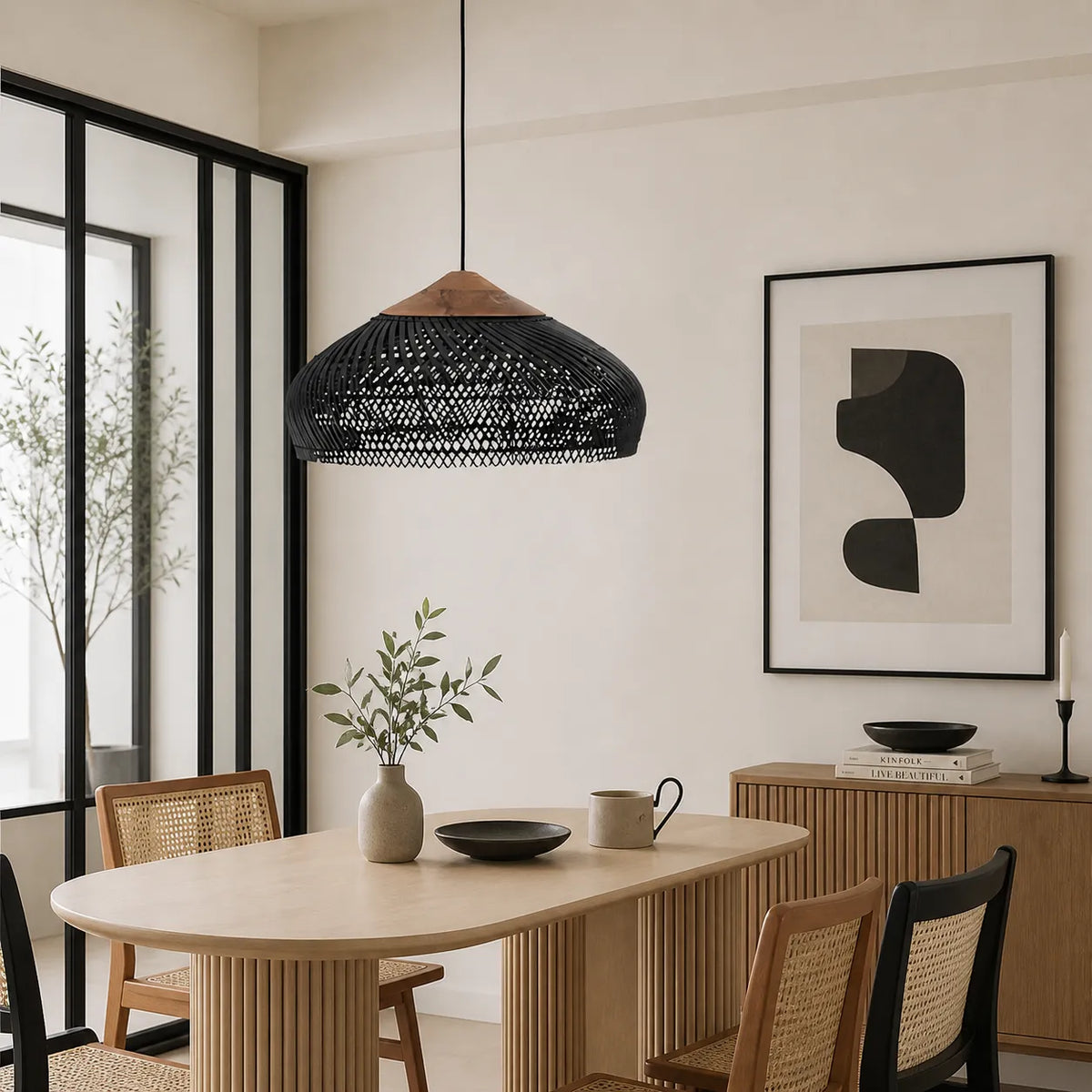 Pendant Light with Handwoven Rattan Dome Shade and Spiral Texture