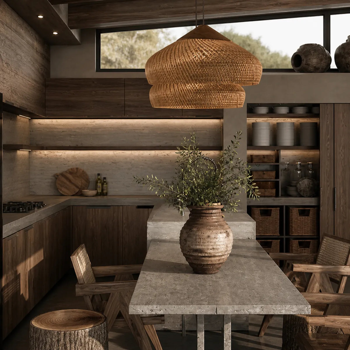 Pendant Light with Handwoven Rattan Dome Shade and Spiral Texture