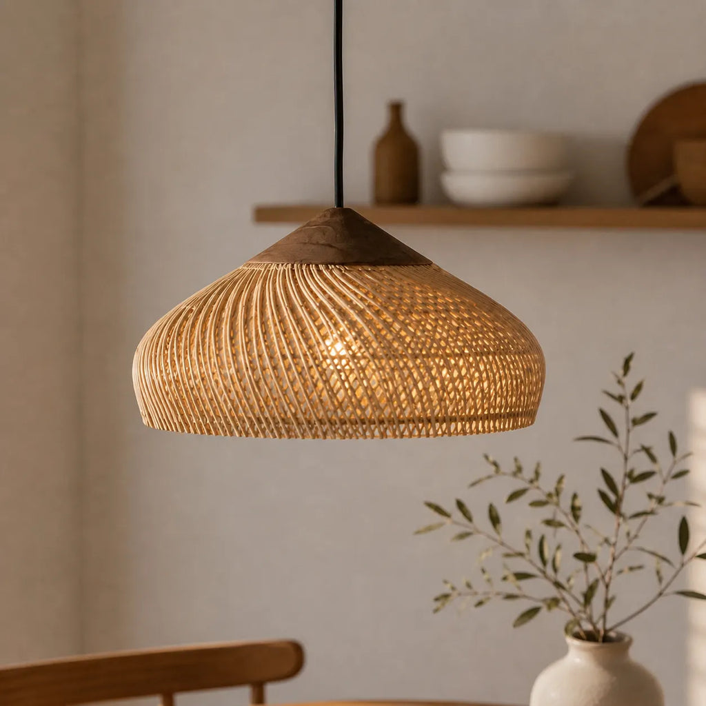 Pendelleuchte mit handgeflochtenem Kuppelschirm aus Rattan und spiralförmiger Struktur