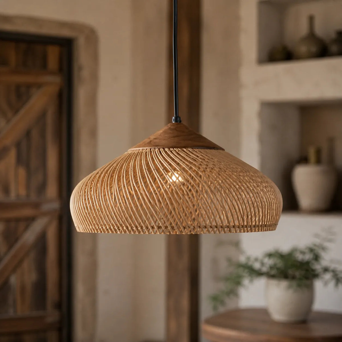 Pendelleuchte mit handgeflochtenem Kuppelschirm aus Rattan und spiralförmiger Struktur