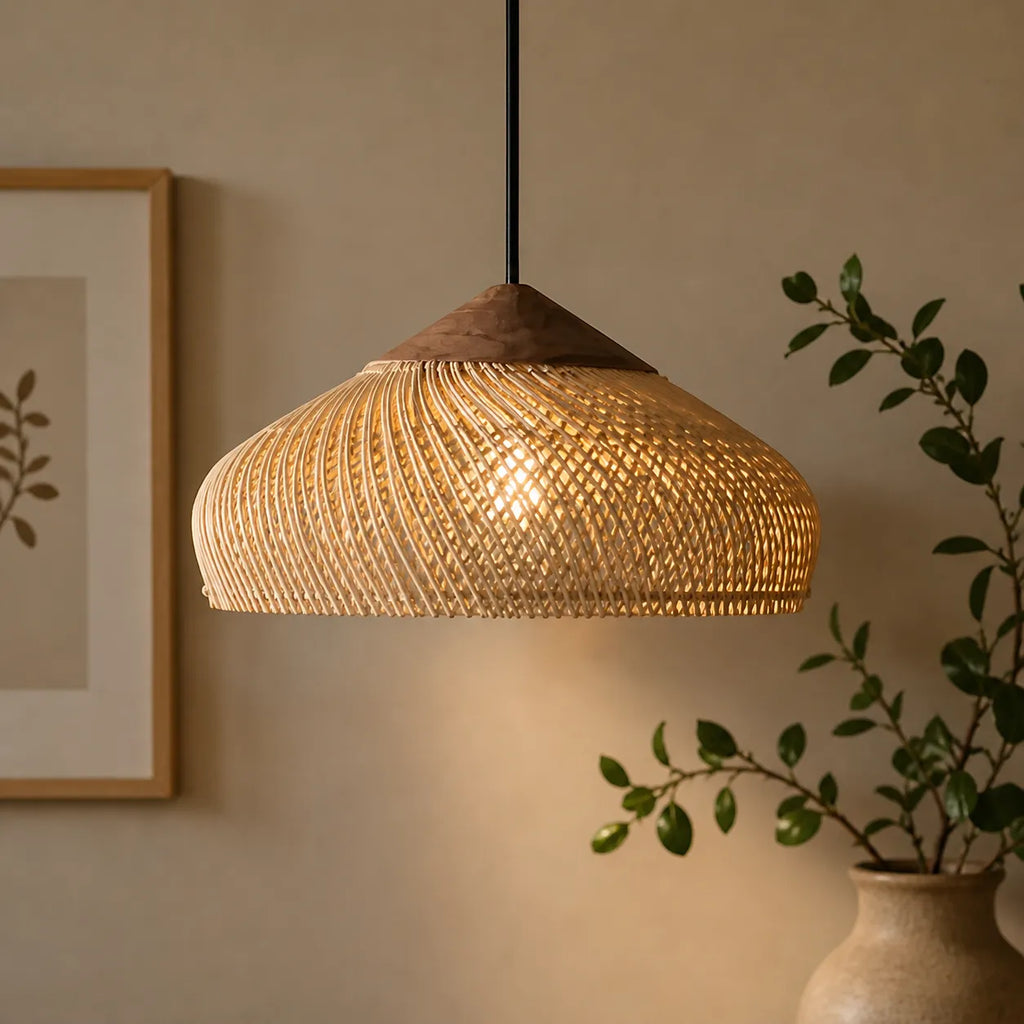 Pendelleuchte mit handgeflochtenem Kuppelschirm aus Rattan und spiralförmiger Struktur