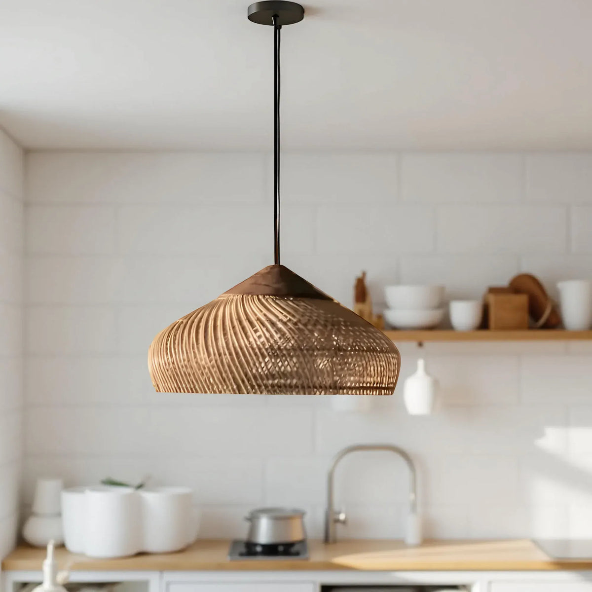 Pendant Light with Handwoven Rattan Dome Shade and Spiral Texture