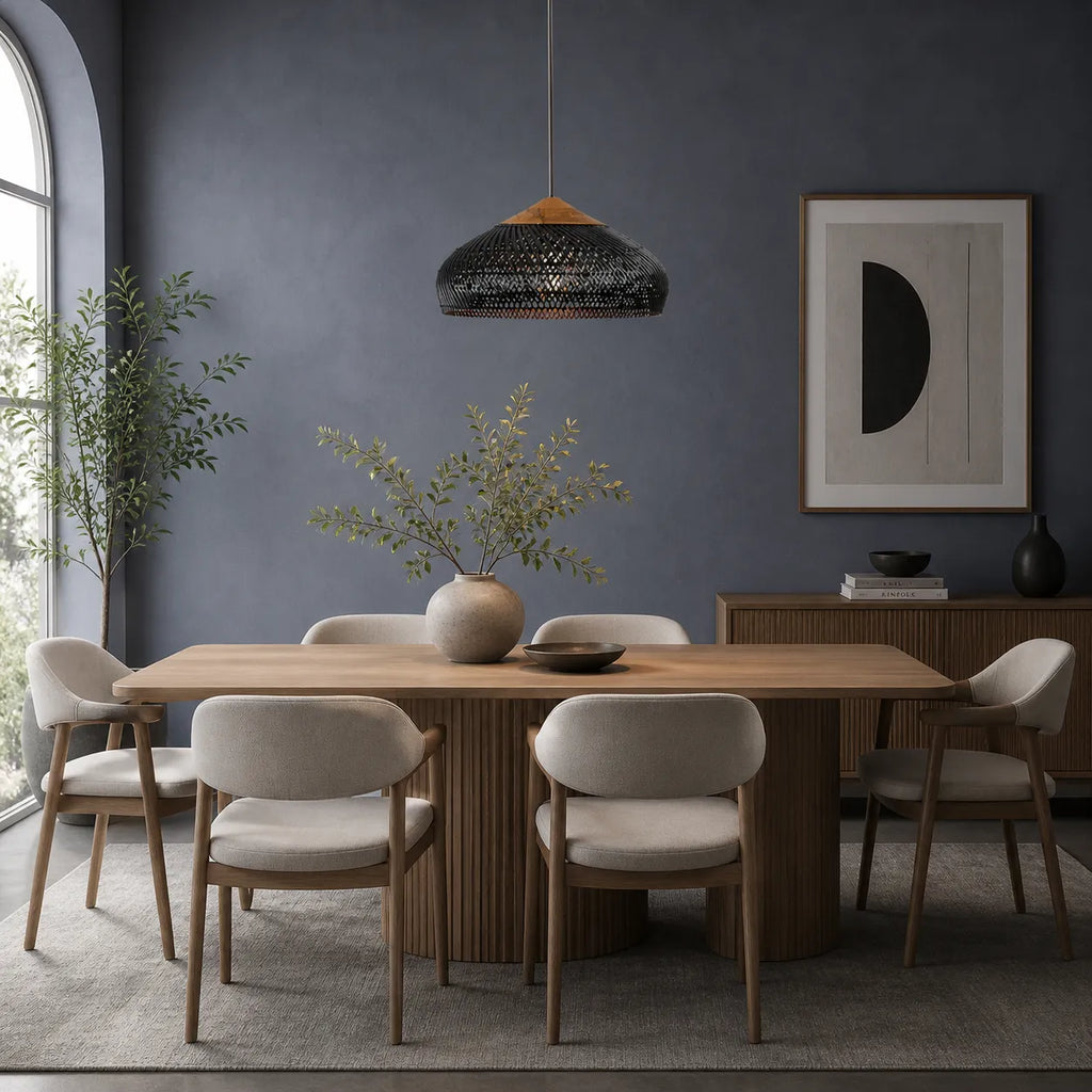 Pendelleuchte mit handgeflochtenem Kuppelschirm aus Rattan und spiralförmiger Struktur
