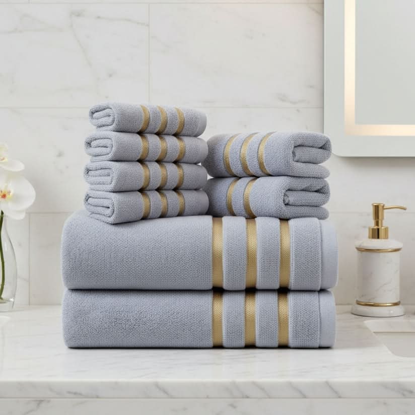 Bath Towel Set with Cotton Terry Cloth and Gold Stripes 8-Piece - Image 1