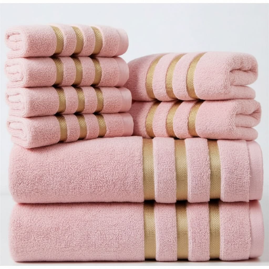 Bath Towel Set with Cotton Terry Cloth and Gold Stripes 8-Piece - Image 5