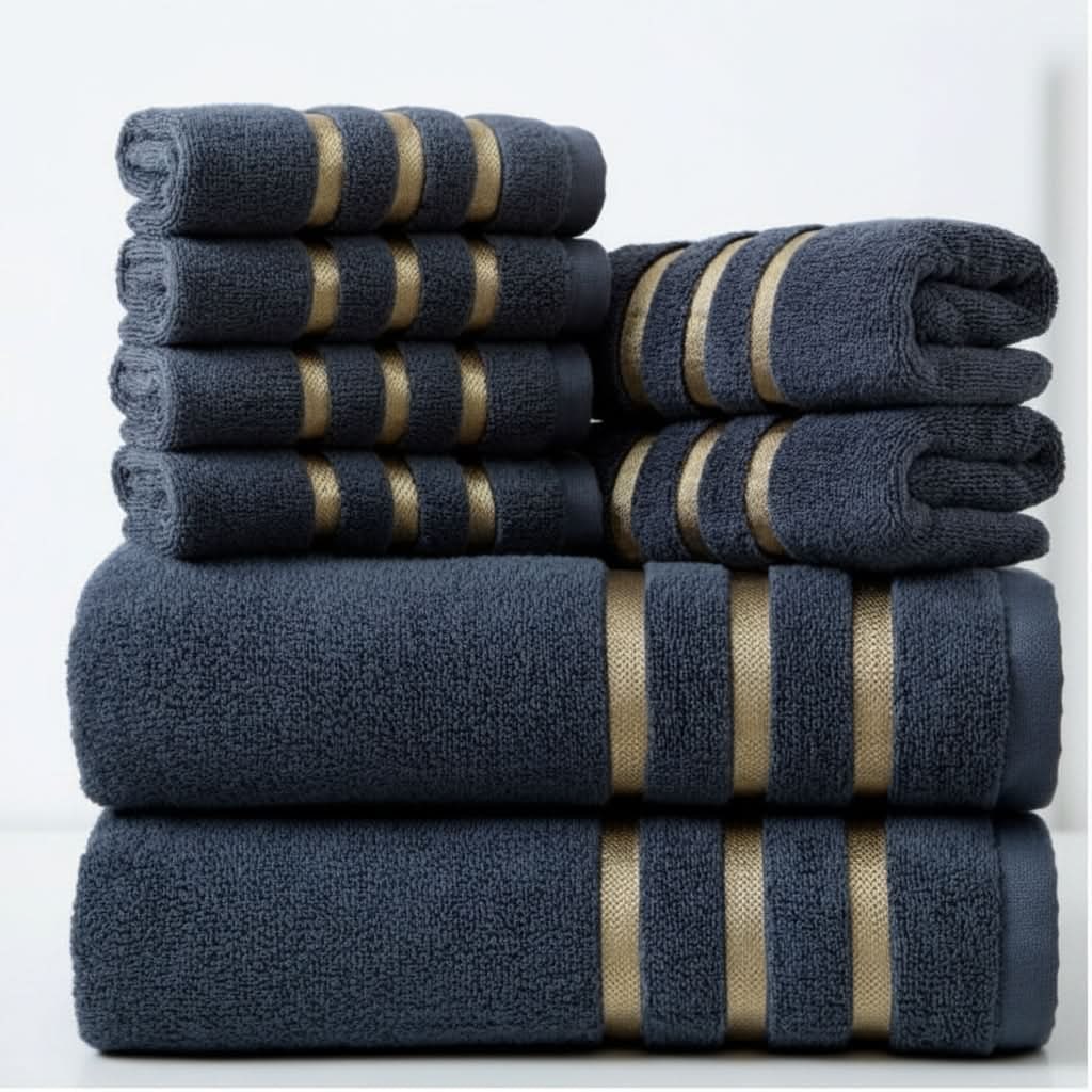 Bath Towel Set with Cotton Terry Cloth and Gold Stripes 8-Piece - Image 6