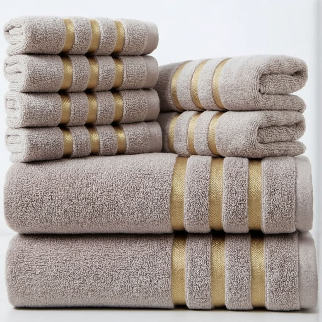 Bath Towel Set with Cotton Terry Cloth and Gold Stripes 8-Piece - Image 8