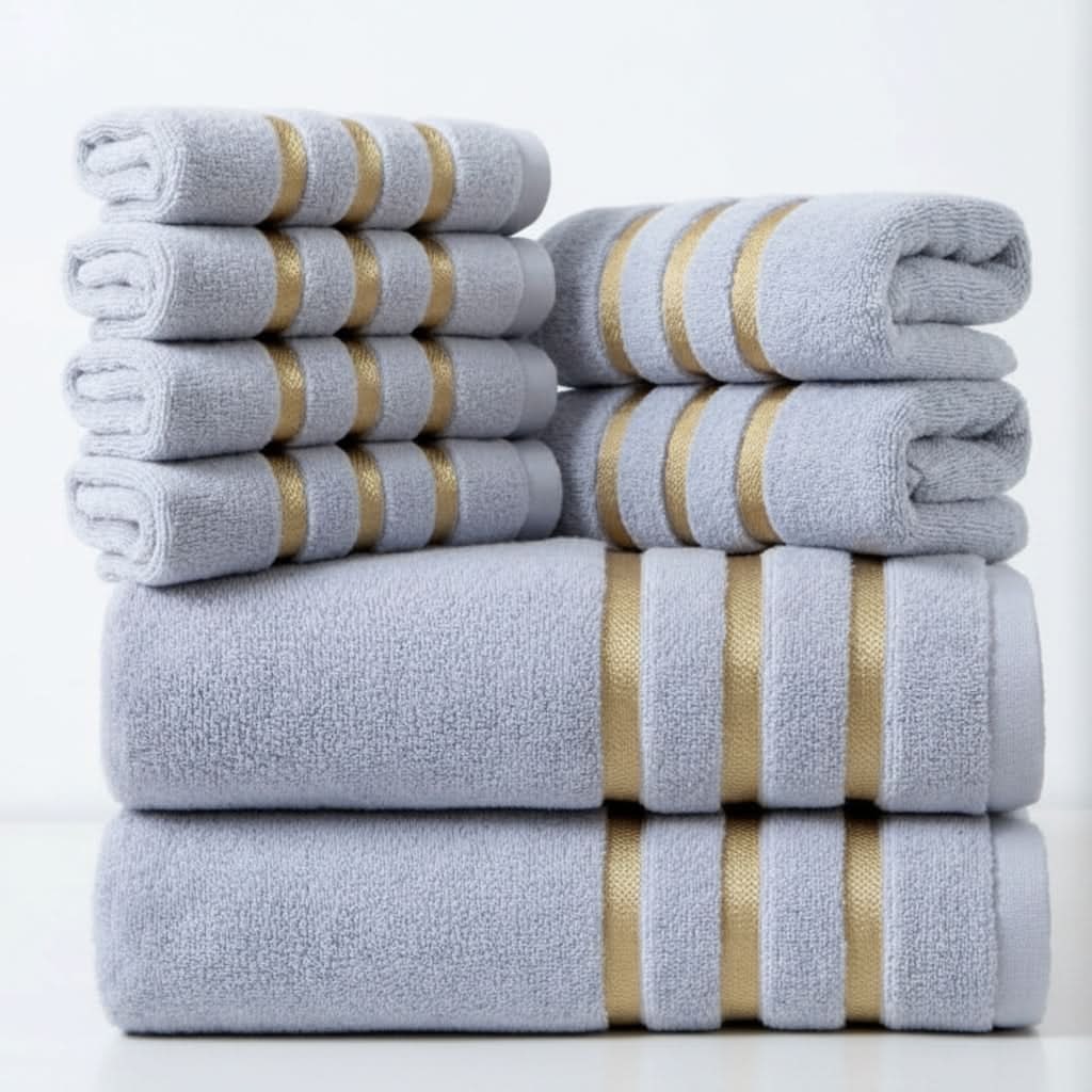 Bath Towel Set with Cotton Terry Cloth and Gold Stripes 8-Piece - Image 9