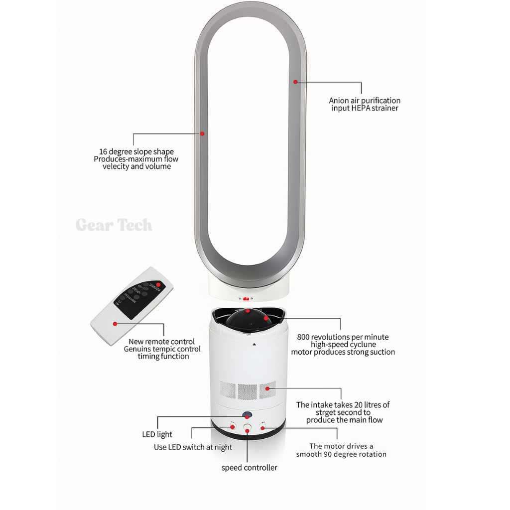 Bladeless Fan with Oscillating Remote Control and Detachable Design for Home Cooling - Image 4