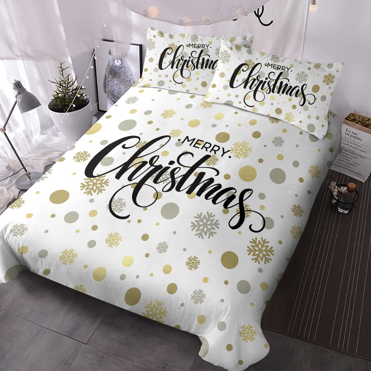 Christmas Bedding Set with Duvet Cover and Pillowcases White Holiday Microfiber Merry Script - Image 8