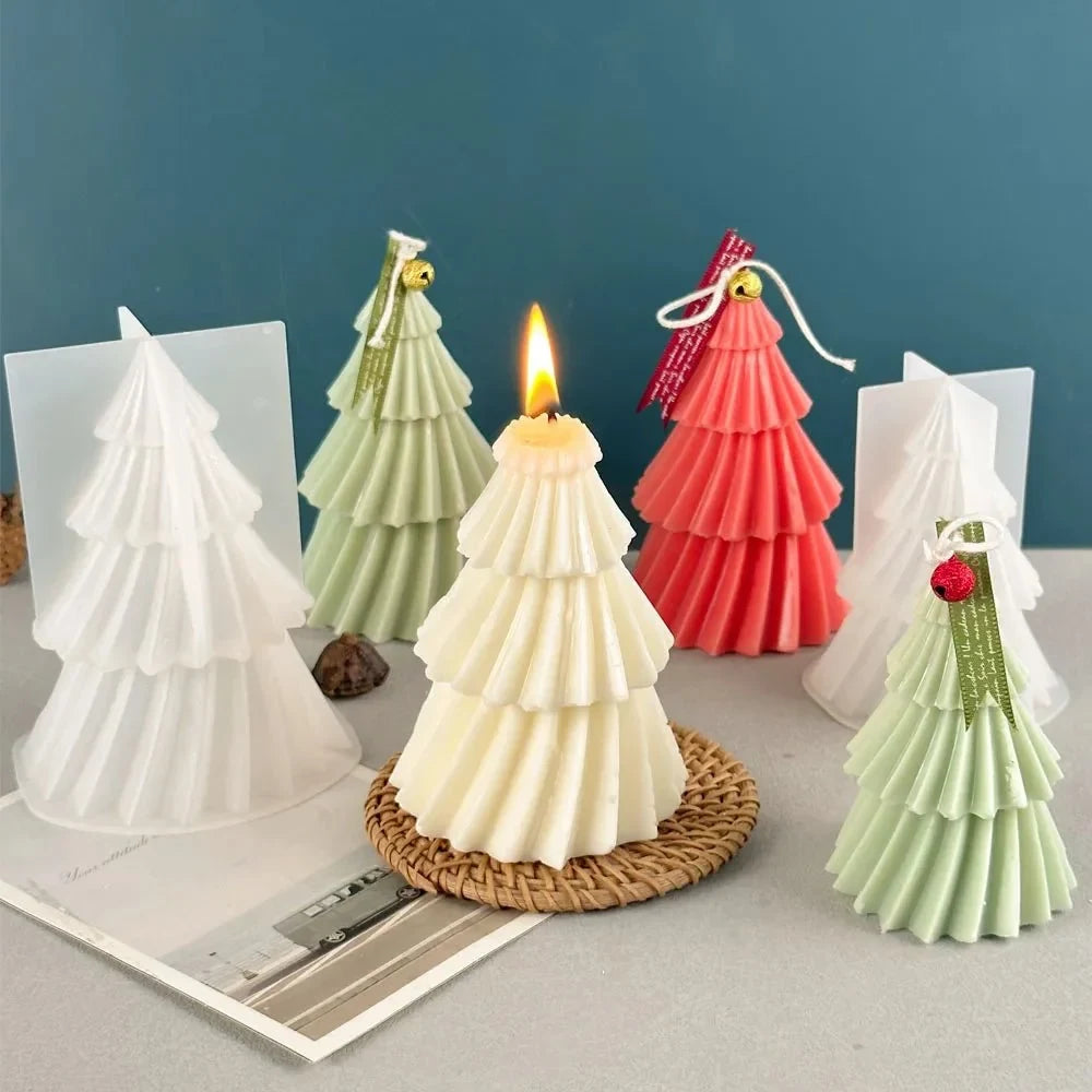 Christmas Candle Mold 3D Silicone Tree with Pleated Design for Soap Making - Image 1