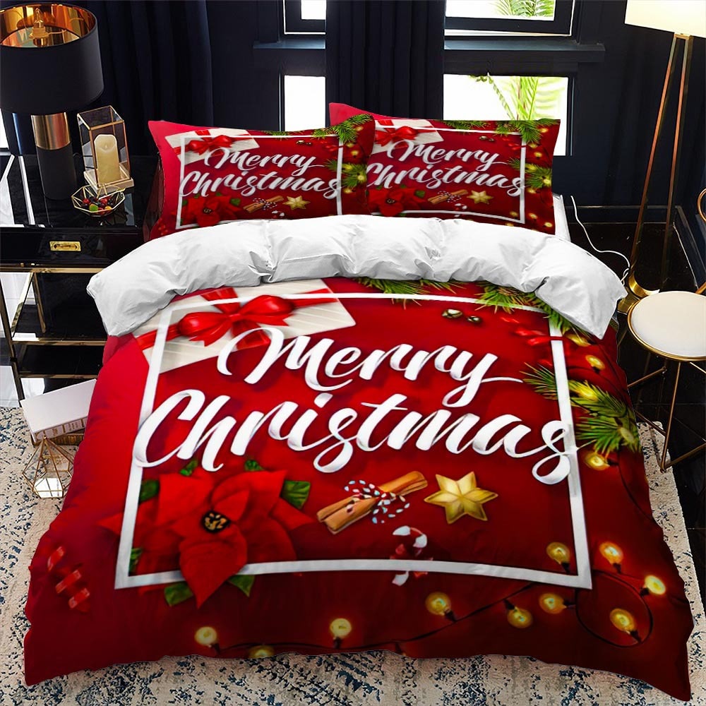 Christmas Duvet Cover Set with Poinsettia and String Lights Print Three-Piece Bedding - Image 4