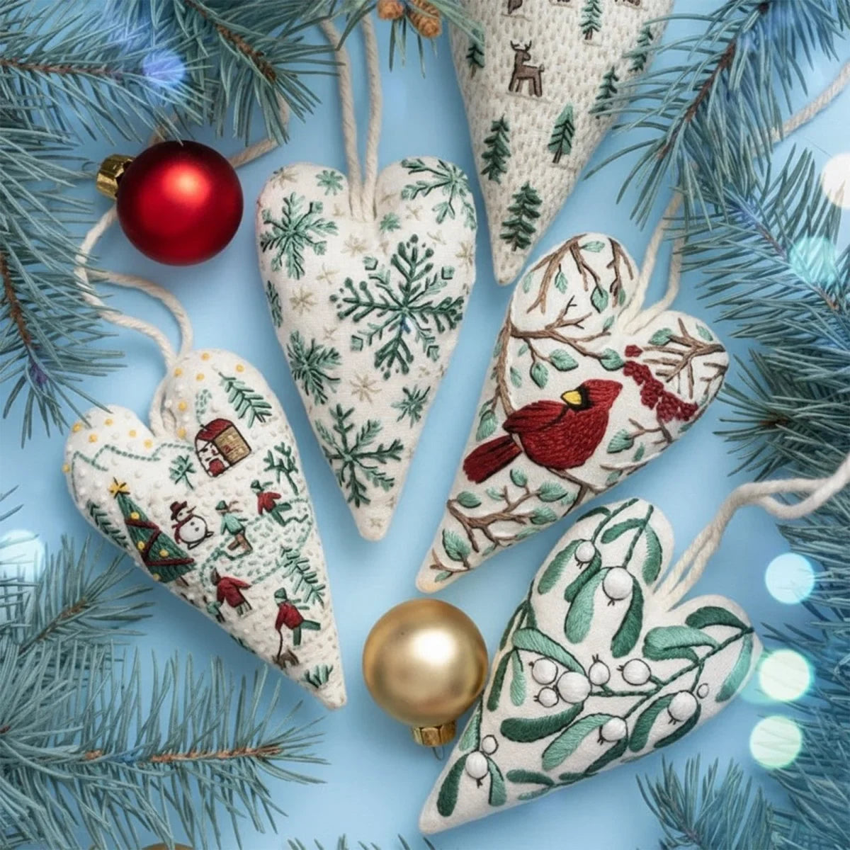 Christmas Embroidery Kit for Beginners with Heart-Shaped Ornament and Hoop - Image 4