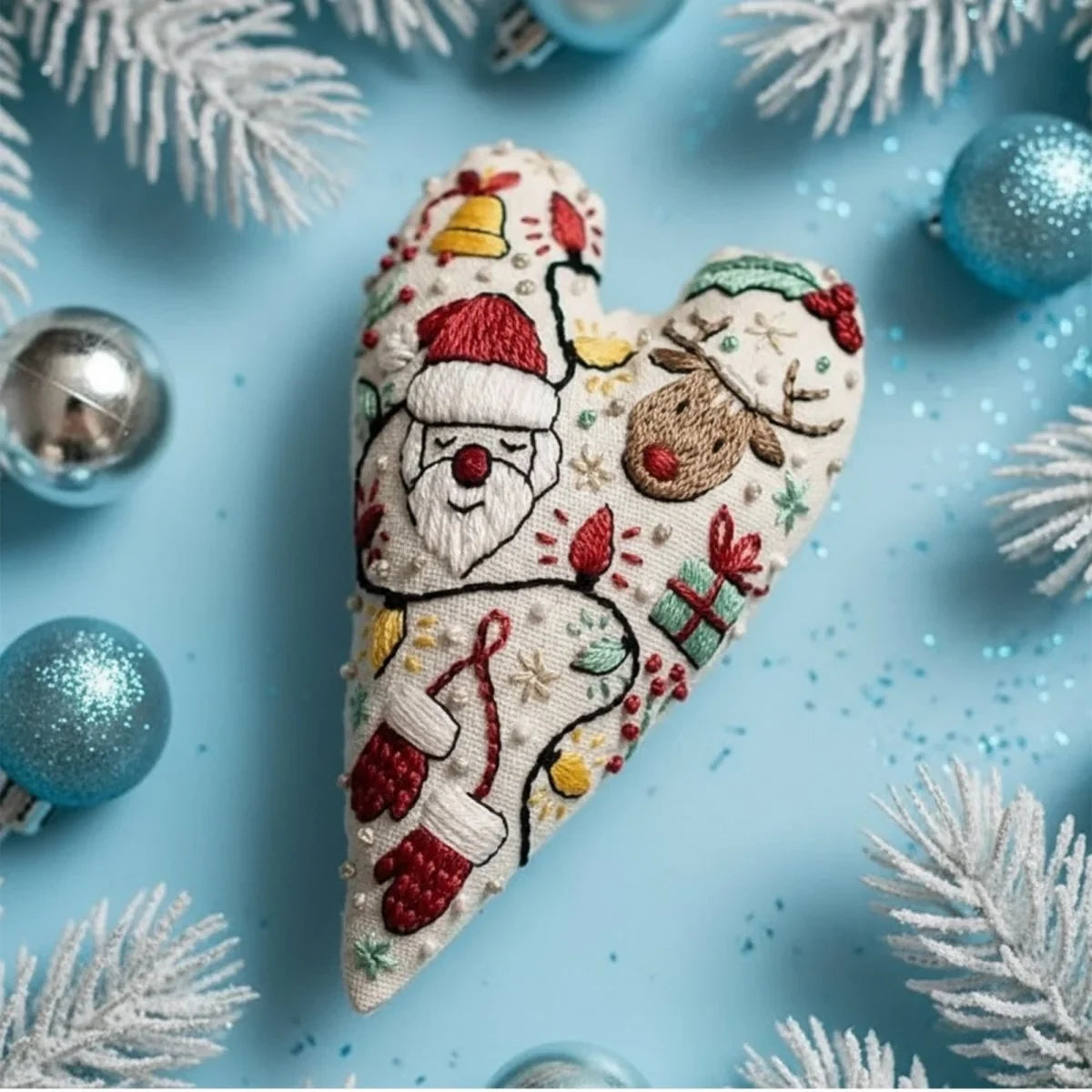 Christmas Embroidery Kit for Beginners with Heart-Shaped Ornament and Hoop - Image 6