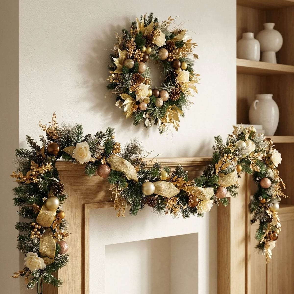 Christmas Garland for Mantle with Artificial Pine Ornaments and Gold Mesh Ribbon - Image 1