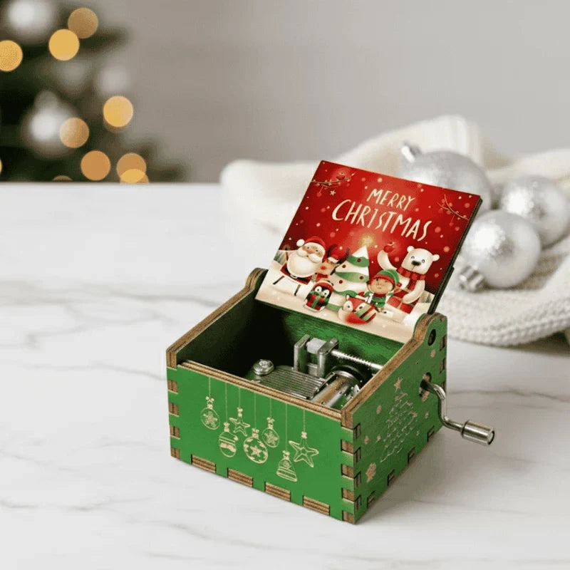 Christmas Music Box with Hand Crank Wooden Mechanical Festive Decoration - Image 1
