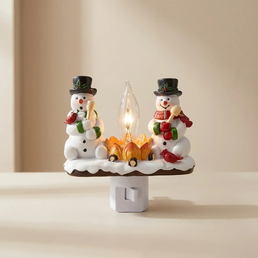 Christmas Night Lights with Plug in Snowman Campfire Design and Warm Yellow Illumination - Image 1