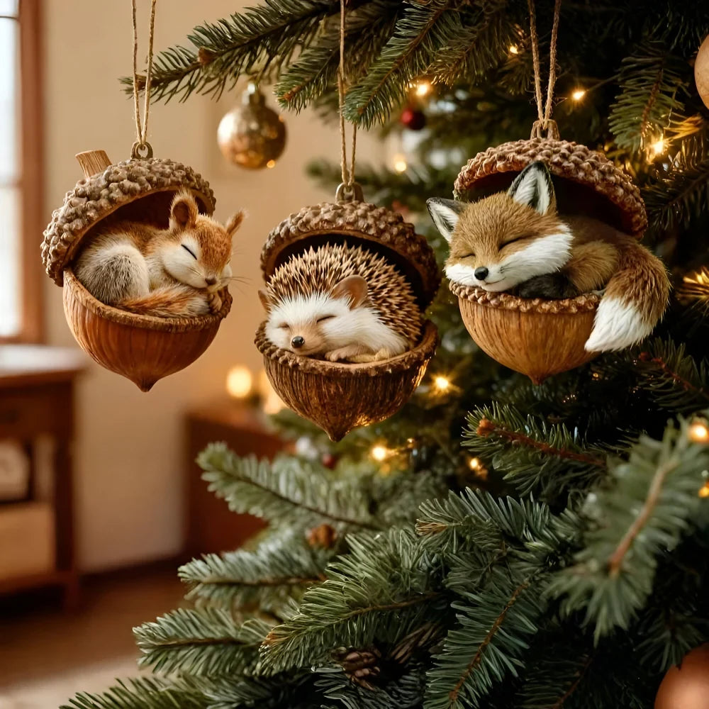 Christmas Ornaments with Woodland Animals in Acorns - Image 1