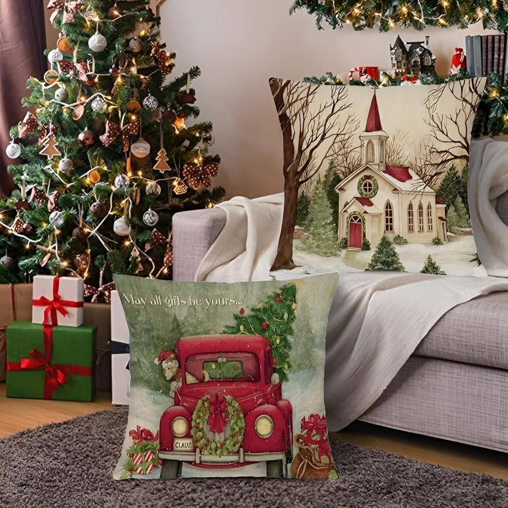 Christmas Pillow Cover with Hidden Zipper Square Throw Polyester Linen Decorative Cushion - Image 1
