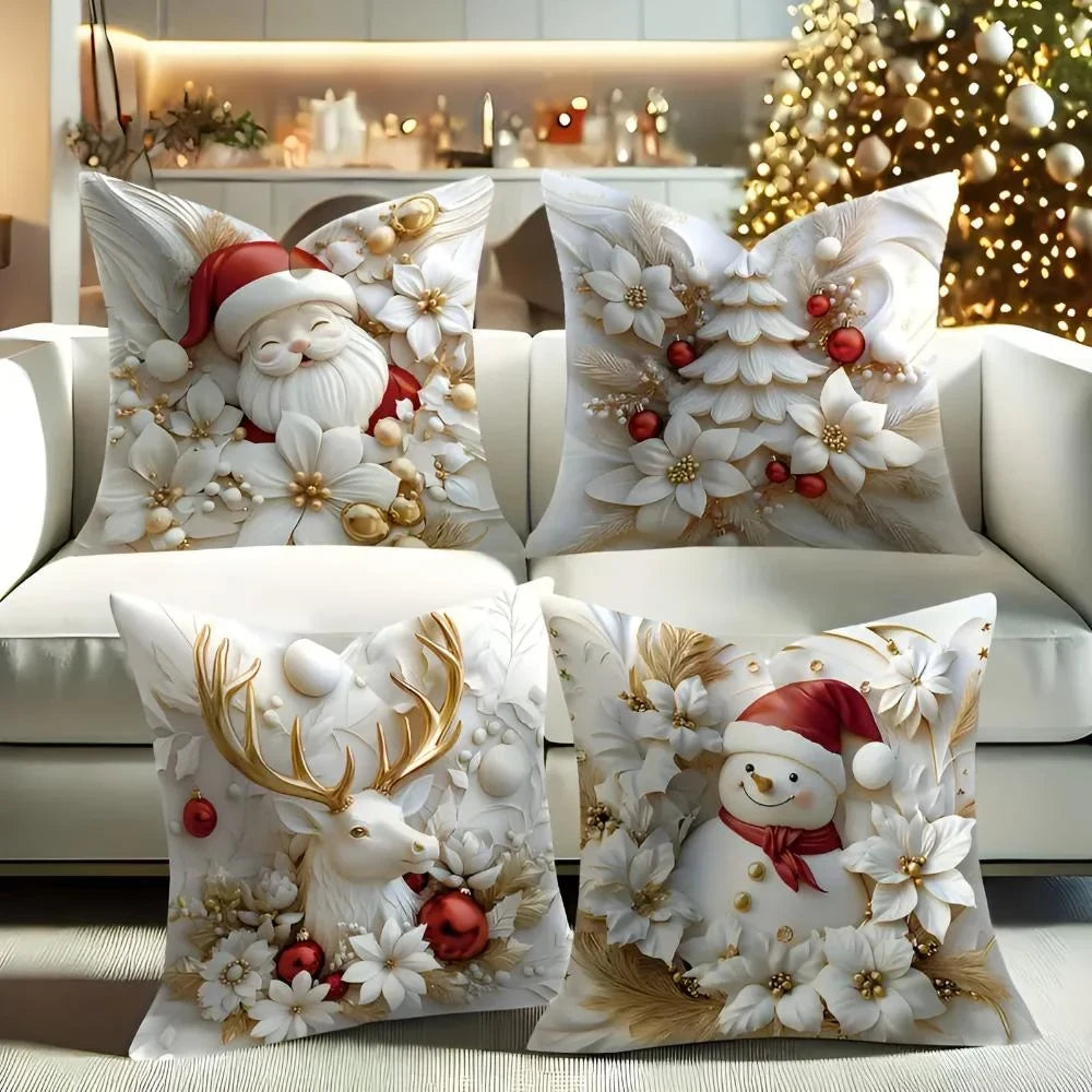 Christmas Pillow Covers Set of 4 Square Throw with 3D Holiday Designs - Image 1