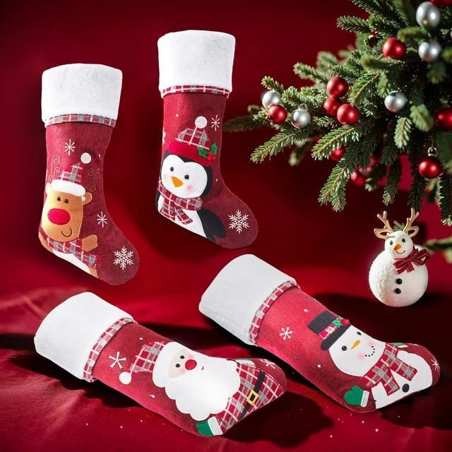 Christmas Stockings with Plush Cuff Embroidered Snowflakes and Applique Details - Image 8