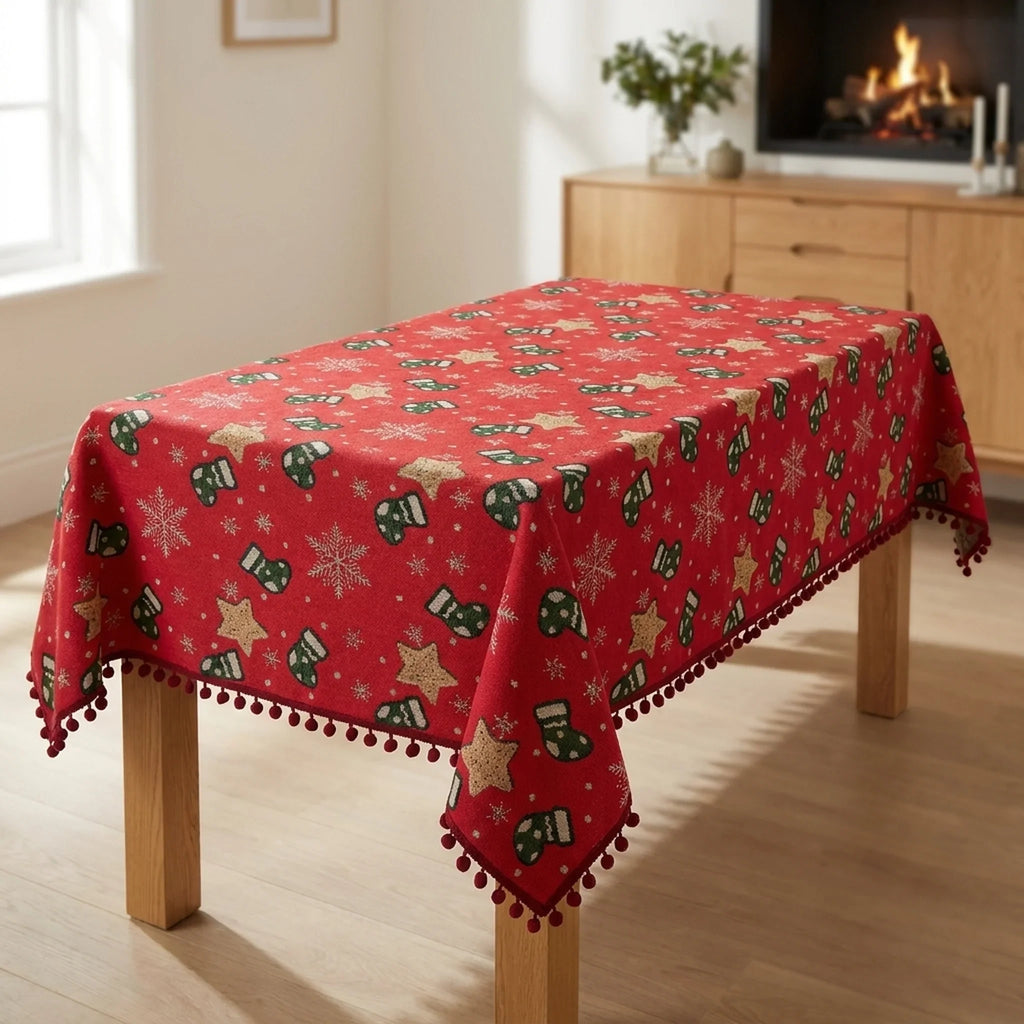 Christmas Tablecloth with Pom-Pom Fringe Festive Snowflake and Holiday Stocking Pattern - Image 1