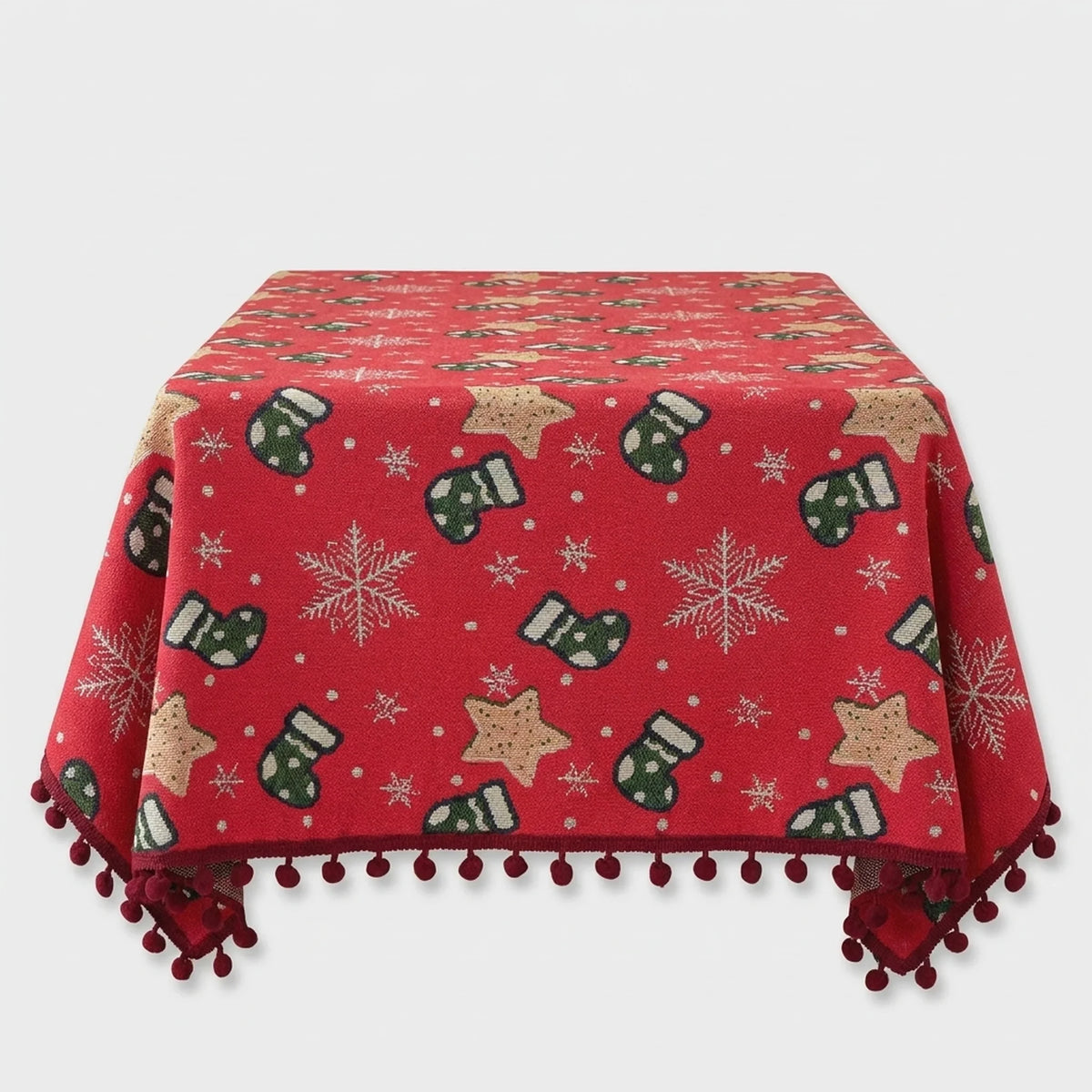 Christmas Tablecloth with Pom-Pom Fringe Festive Snowflake and Holiday Stocking Pattern - Image 3