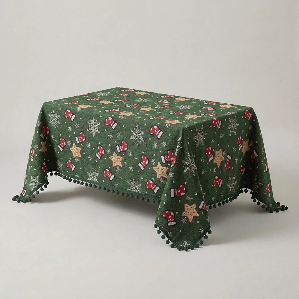 Christmas Tablecloth with Pom-Pom Fringe Festive Snowflake and Holiday Stocking Pattern - Image 5