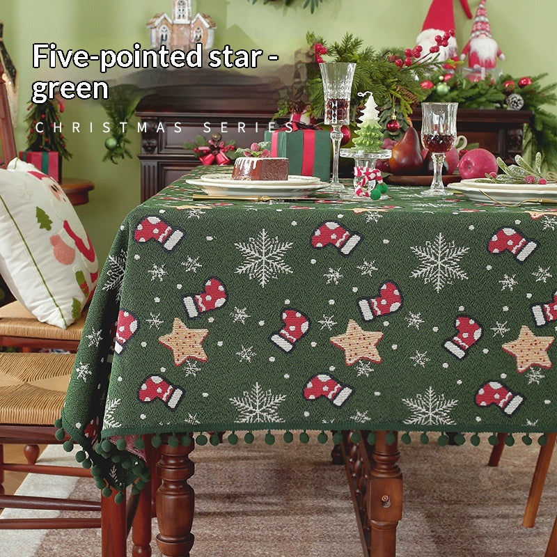 Christmas Tablecloth with Pom-Pom Fringe Festive Snowflake and Holiday Stocking Pattern - Image 6