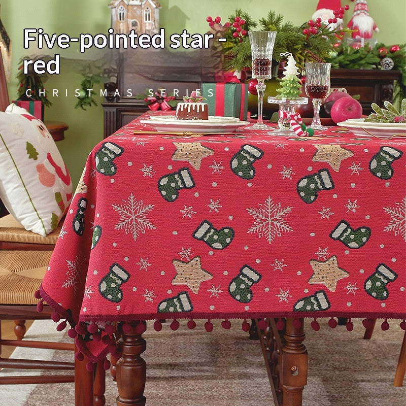 Christmas Tablecloth with Pom-Pom Fringe Festive Snowflake and Holiday Stocking Pattern - Image 7