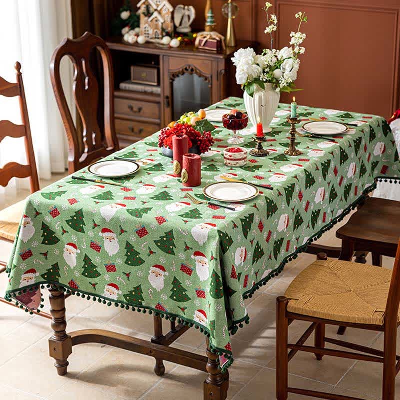 Christmas Tablecloth with Pom-Pom Trim Festive Santa Tree and Gift Print Holiday Table Linens - Image 1