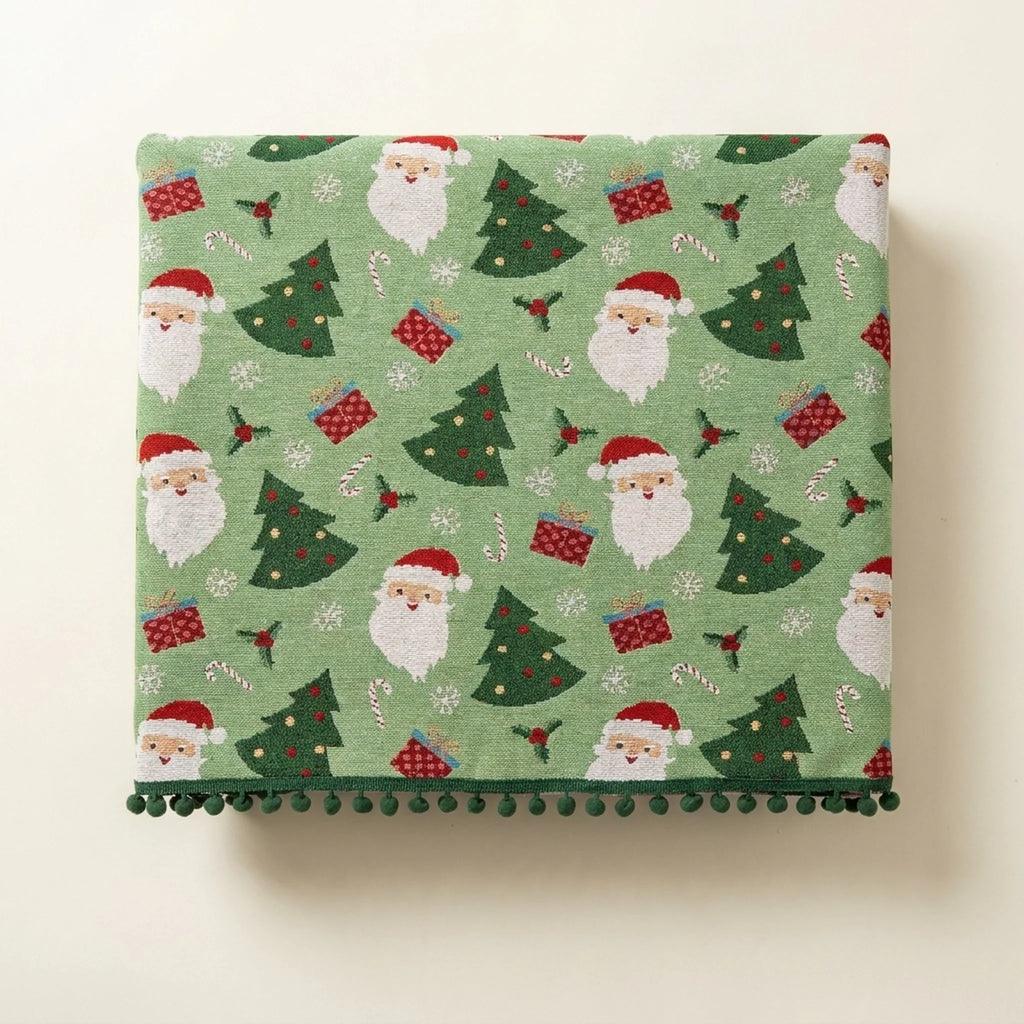Christmas Tablecloth with Pom-Pom Trim Festive Santa Tree and Gift Print Holiday Table Linens - Image 2