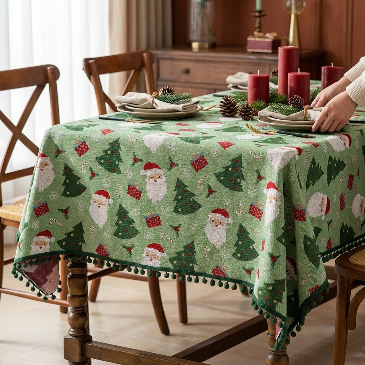 Christmas Tablecloth with Pom-Pom Trim Festive Santa Tree and Gift Print Holiday Table Linens - Image 3