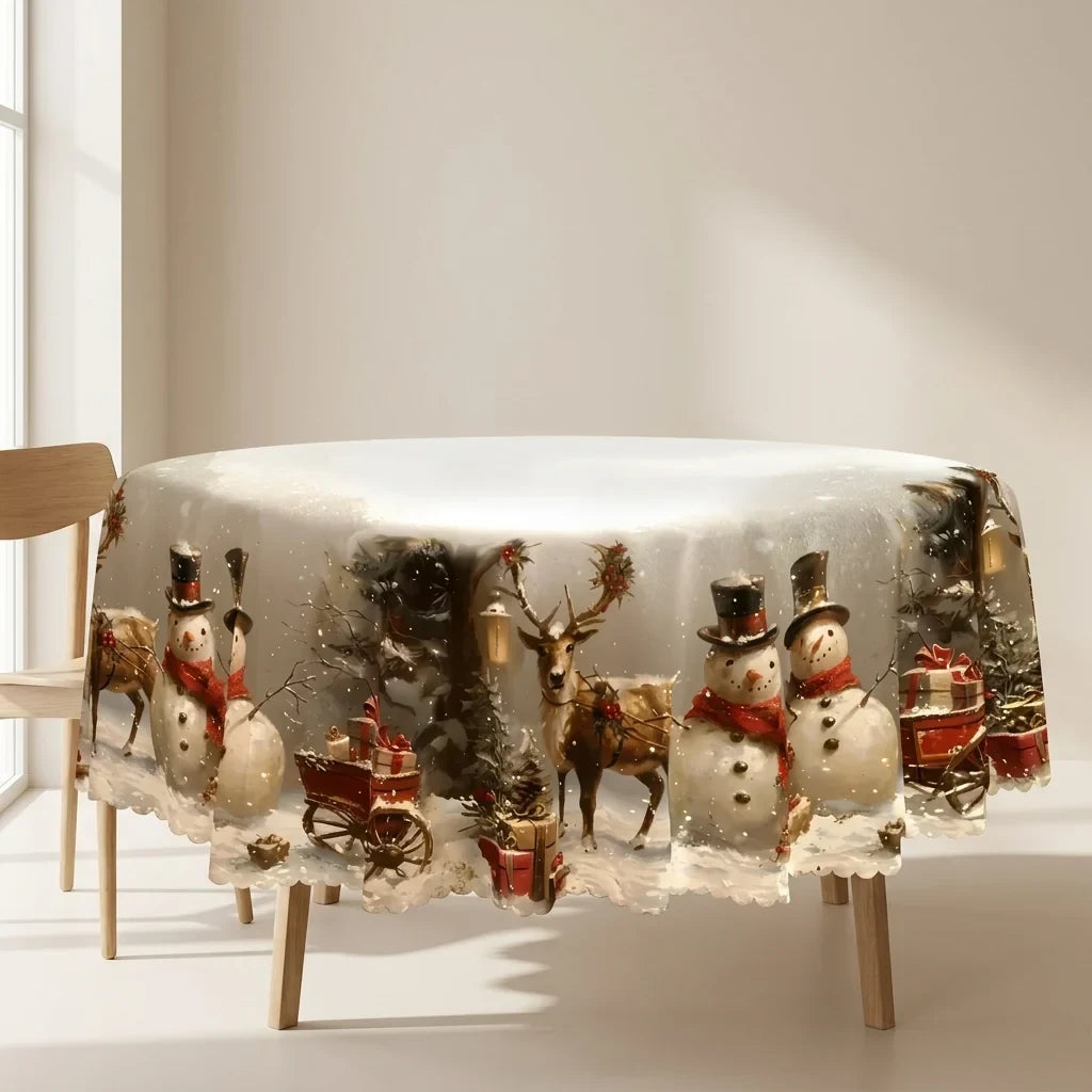 Christmas Tablecloth with Snowman and Reindeer Print Scalloped Hem Machine Washable - Image 1
