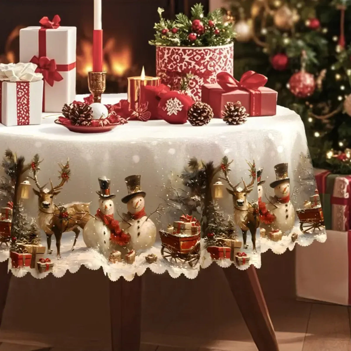 Christmas Tablecloth with Snowman and Reindeer Print Scalloped Hem Machine Washable - Image 3