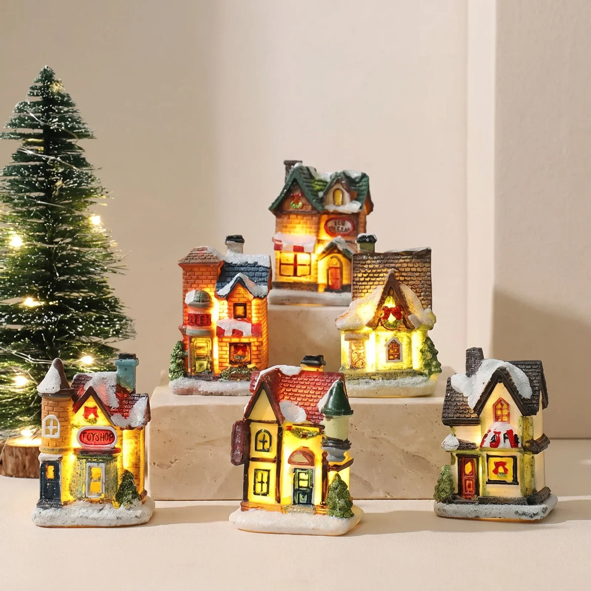 Christmas Village Set with Miniature Houses LED Lights and Snow-Covered Roofs - Image 1