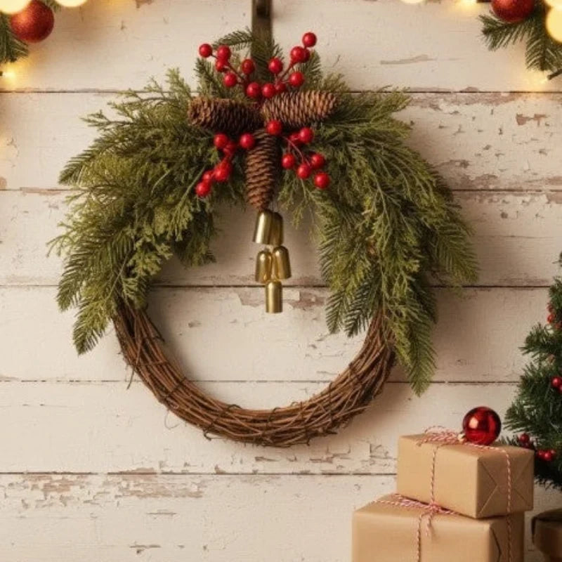 Christmas Wreath with Golden Bells Pinecones and Artificial Evergreen for Holiday Decoration - Image 2