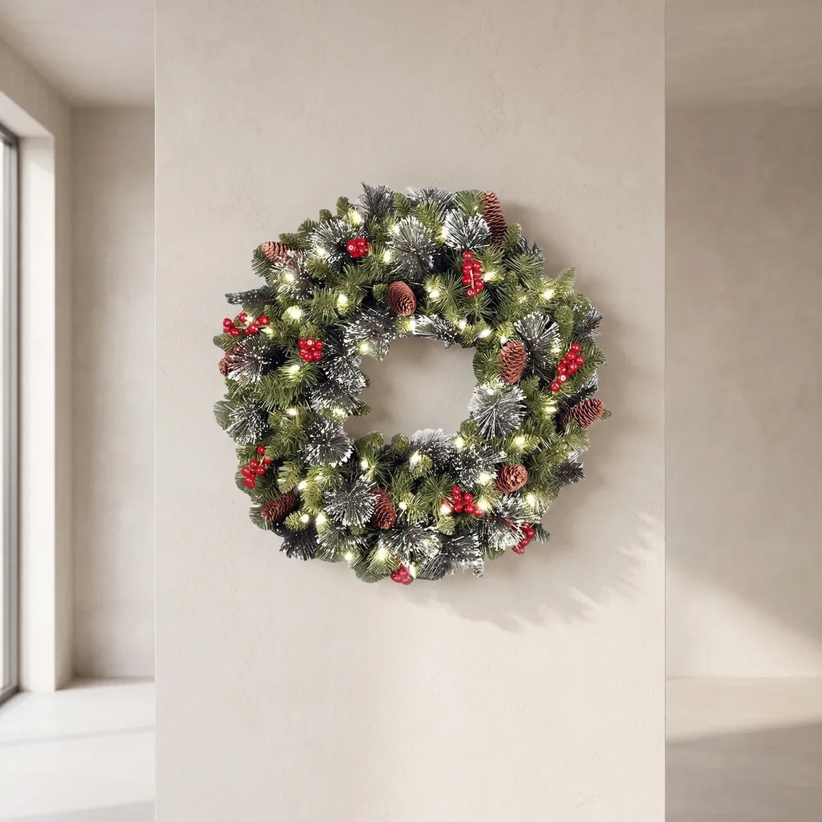 Christmas Wreath with Lights Pine Cones and Red Berries for Door Decoration - Image 1
