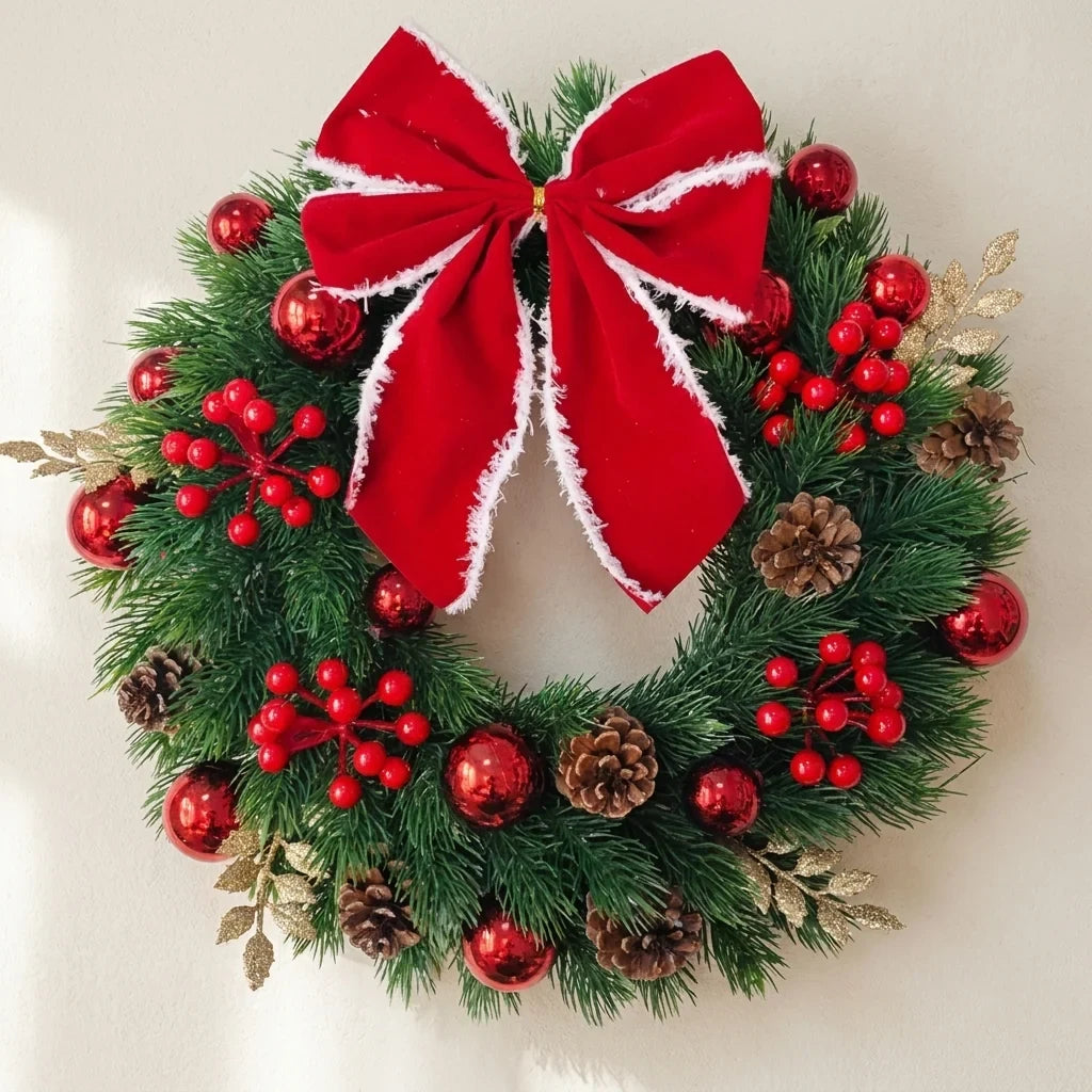 Christmas Wreath with Red Velvet Bow Artificial Pine Ornaments and Fairy Lights - Image 1