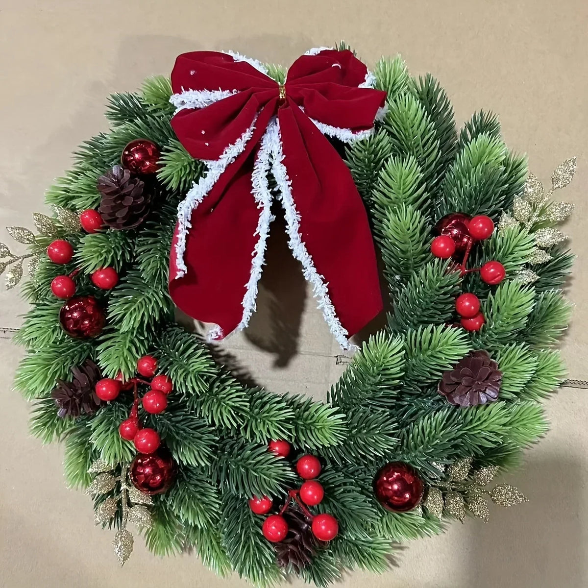 Christmas Wreath with Red Velvet Bow Artificial Pine Ornaments and Fairy Lights - Image 6